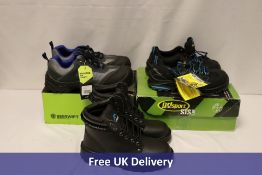Three Safety Footwear items to include 1x Beeswift CF1709 D/D Safety Trainer Shoes, Dark Grey/Blue,