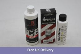 Eight Shoe products to include 1x Angelus Acrylic Leather Paint, White, 472ml, 1x Angelus Leather Dy