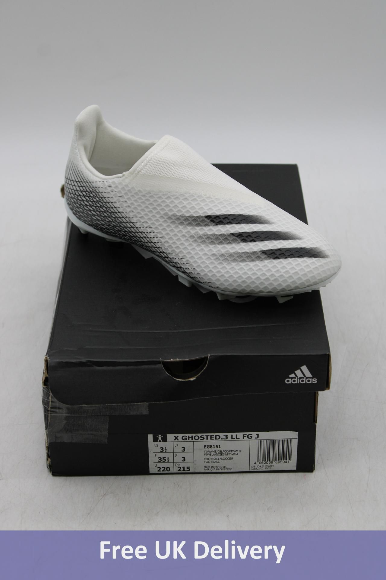 Two Adidas X Ghosted.3 LL FG Football Boots, White/Black, Size Includes 1x UK 3 & 1x UK 4.5. Box dam