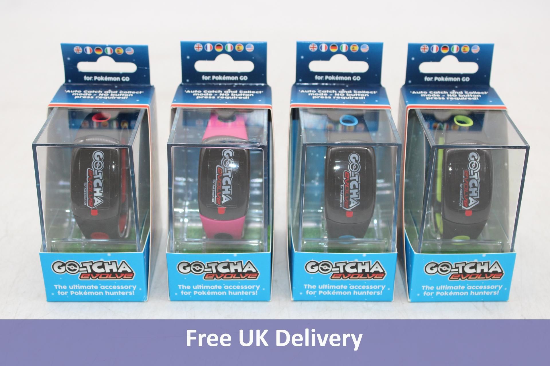 Four Go-tcha Evolve Smartwatches for use with Pokemon Go, 1x Blue, 1x Green, 1x Red and 1x Pink