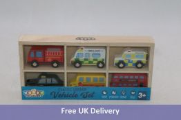 Twelve Sets of Woody Treasures Children's Wooden Classic London Toy Vehicle Sets, 6 Vehicle Per Set