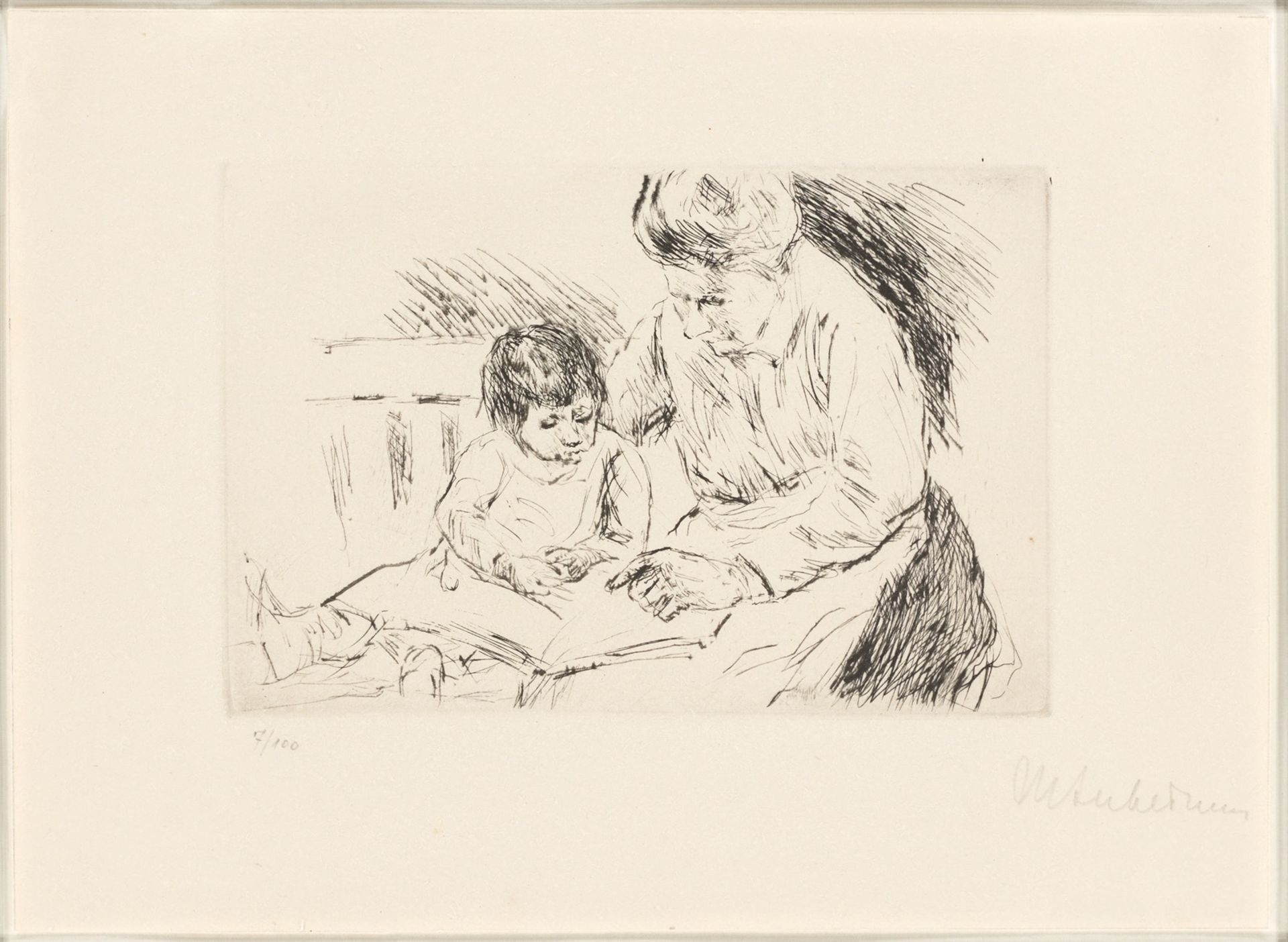 Max Liebermann. ”Wärterin und Kind auf einer Gartenbank beim Bilderbuchbetrachten”. Circa 1920 - Image 2 of 2
