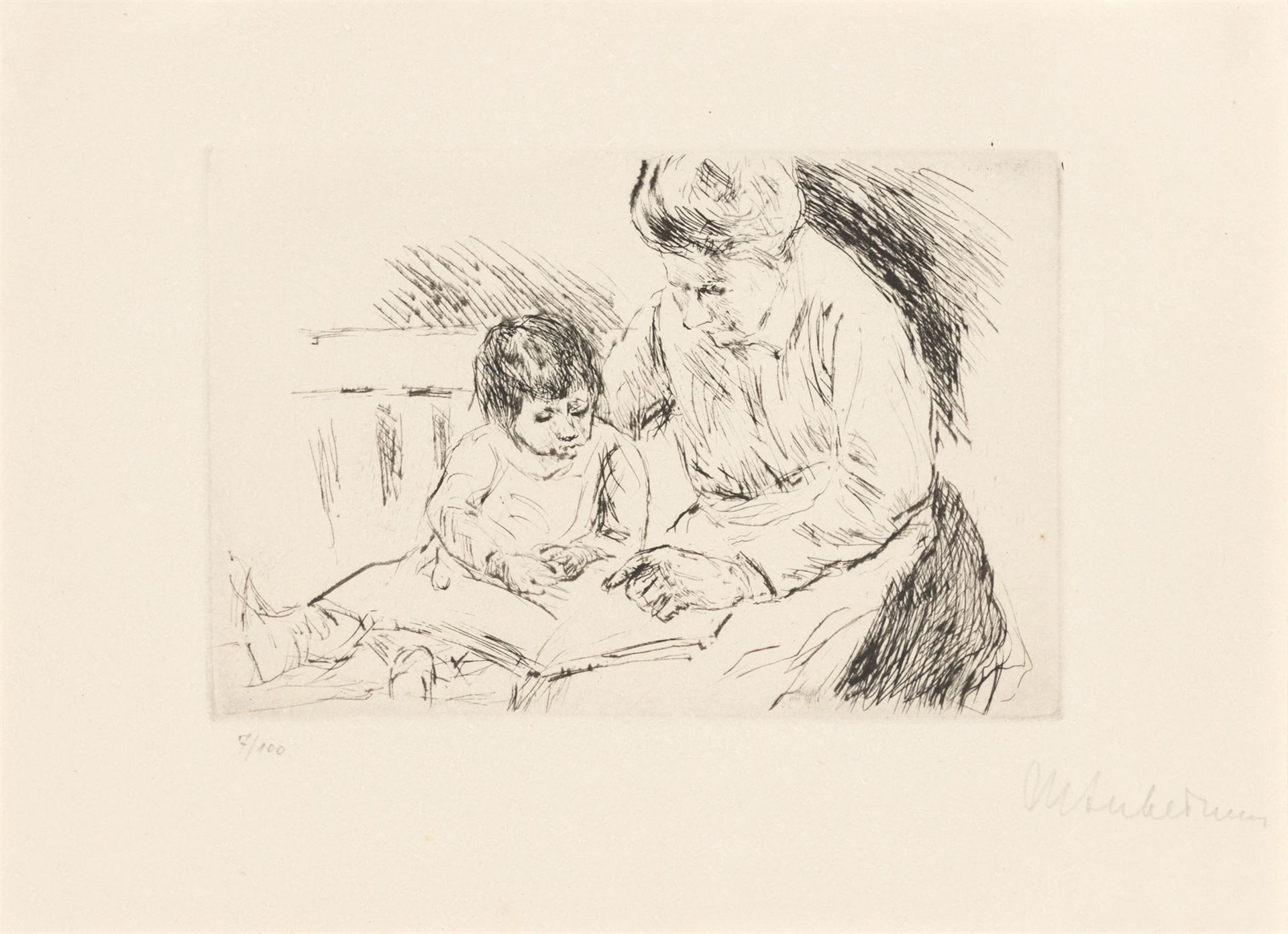 Max Liebermann. ”Wärterin und Kind auf einer Gartenbank beim Bilderbuchbetrachten”. Circa 1920