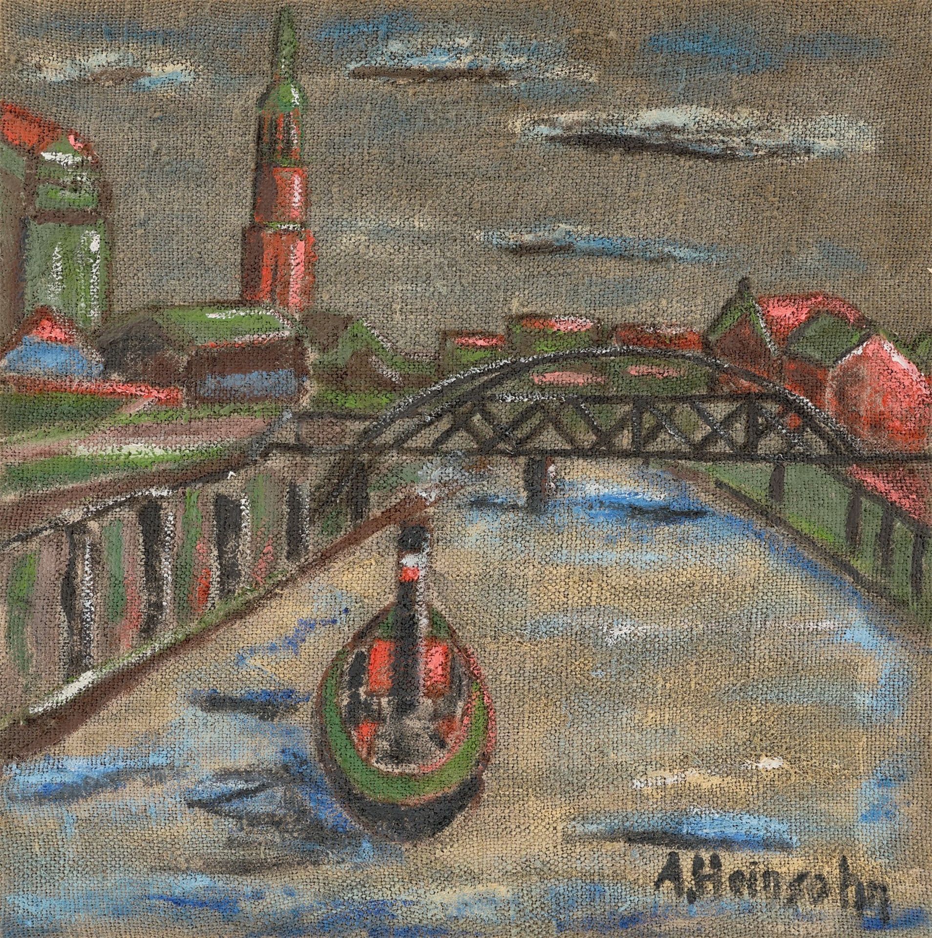 Alfred Heinsohn. Hamburg port with tugboat and St. Michaelis.