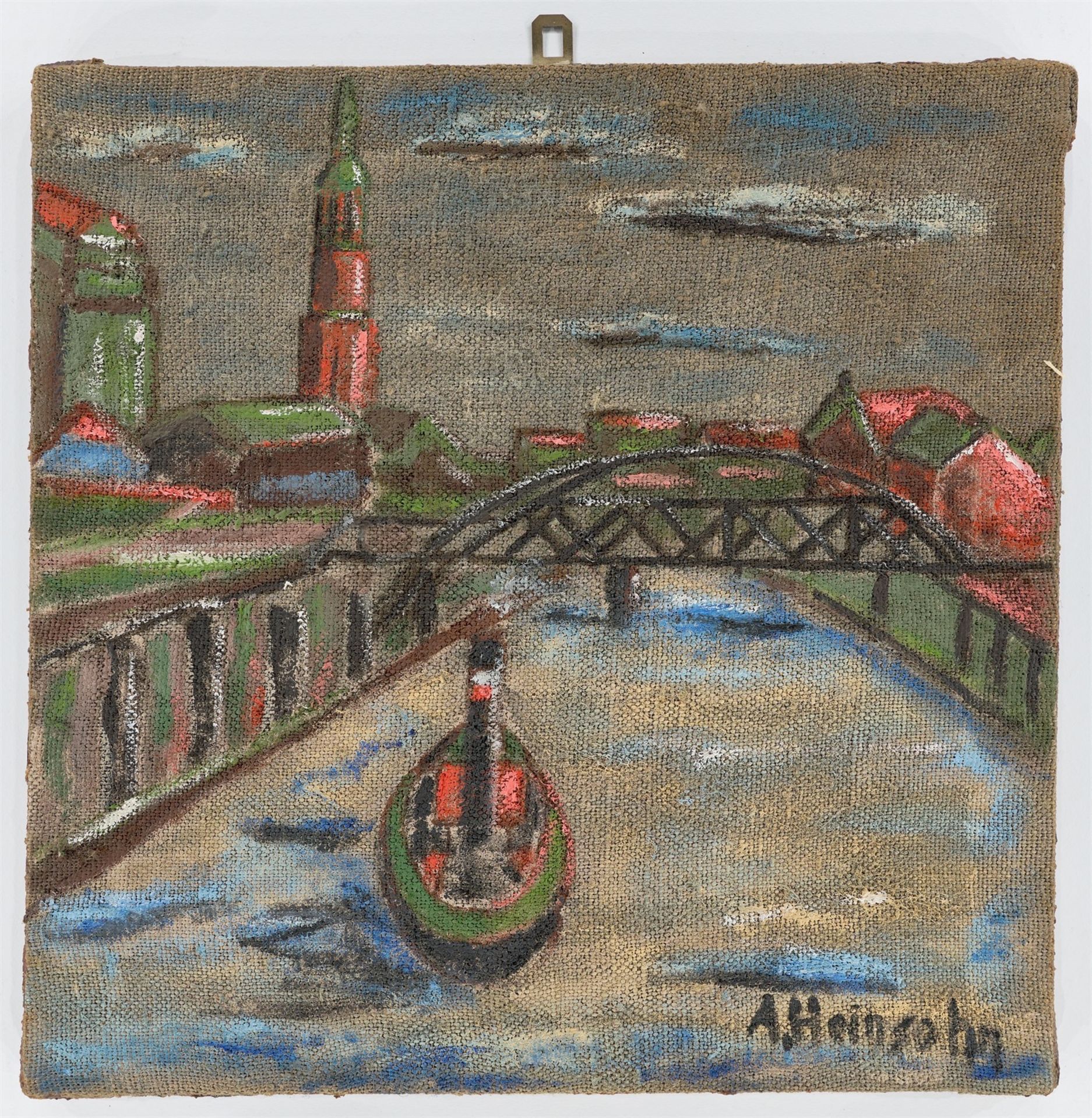 Alfred Heinsohn. Hamburg port with tugboat and St. Michaelis. - Image 2 of 4