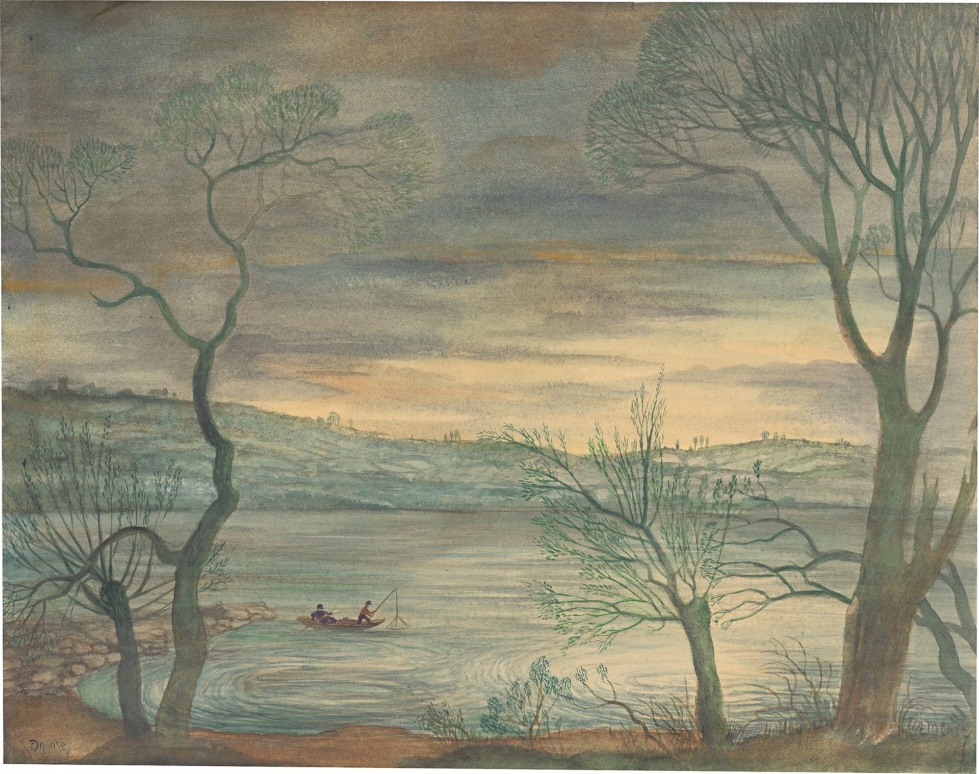 Carlo Mense. Landschaft mit See und Fischern. 1947