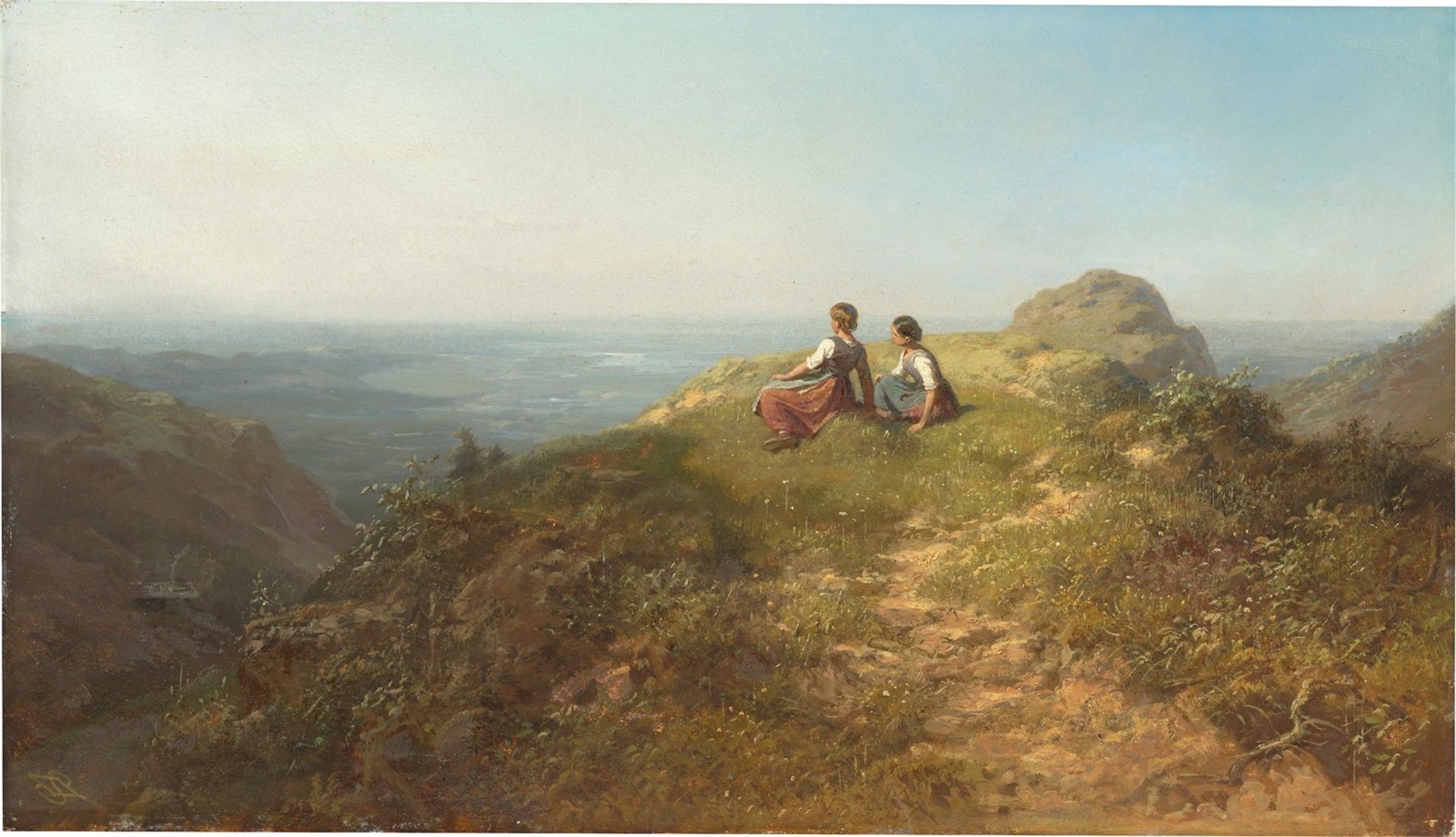Carl Spitzweg. ”Auf der Alm (Zwei auf einer Felsnase sitzende Mädchen, links in der Tal…. Circa 1860