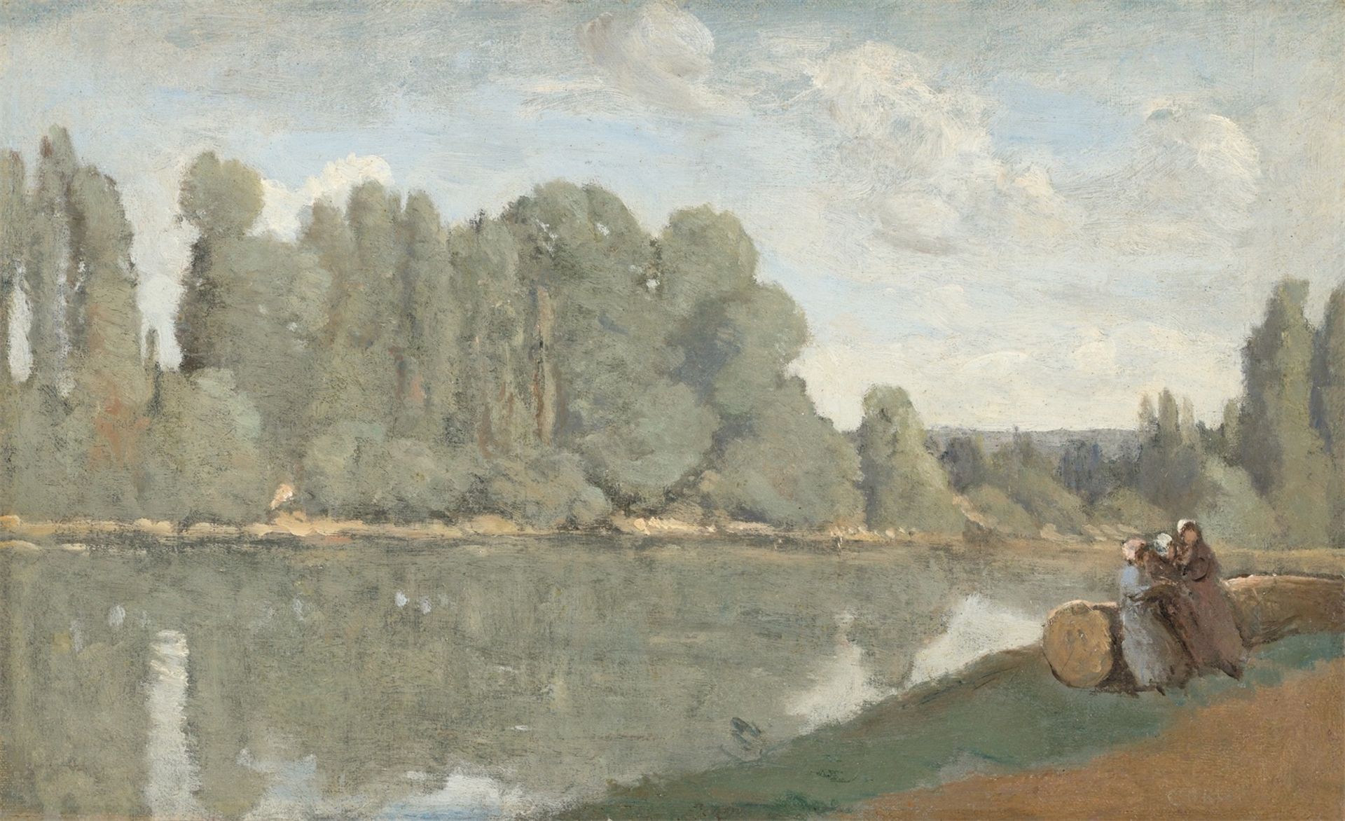 Jean-Baptiste-Camille Corot. ”Le Rhône. Trois femmes au bord du fleuve, assises sur …. Circa 1850/55