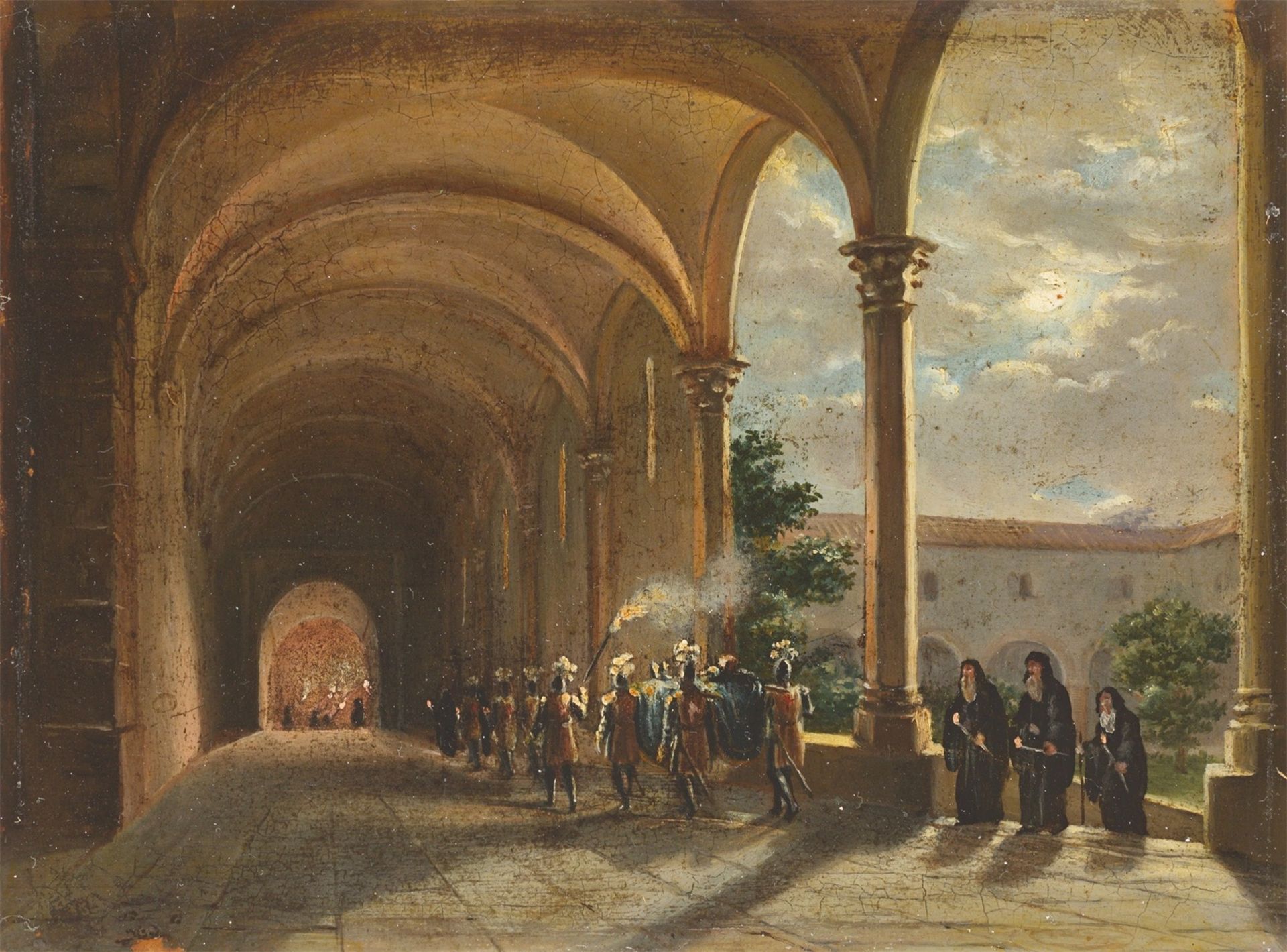 Franz Ludwig Catel. Cloister with funeral procession in the evening.