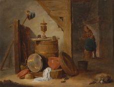 David Teniers d.J.. Interieur eines Bauernhauses mit Gefäßen, Figuren am Feuer und einem Hund.