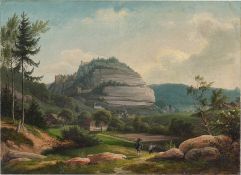 Deutsch, um 1820. Blick auf den Berg und das Dorf Oybin.
