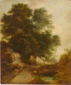 Thomas Gainsborough. „Wooded Rocky Landscape with Peasants in a Country Waggon and Pool“. Um 1765/66
