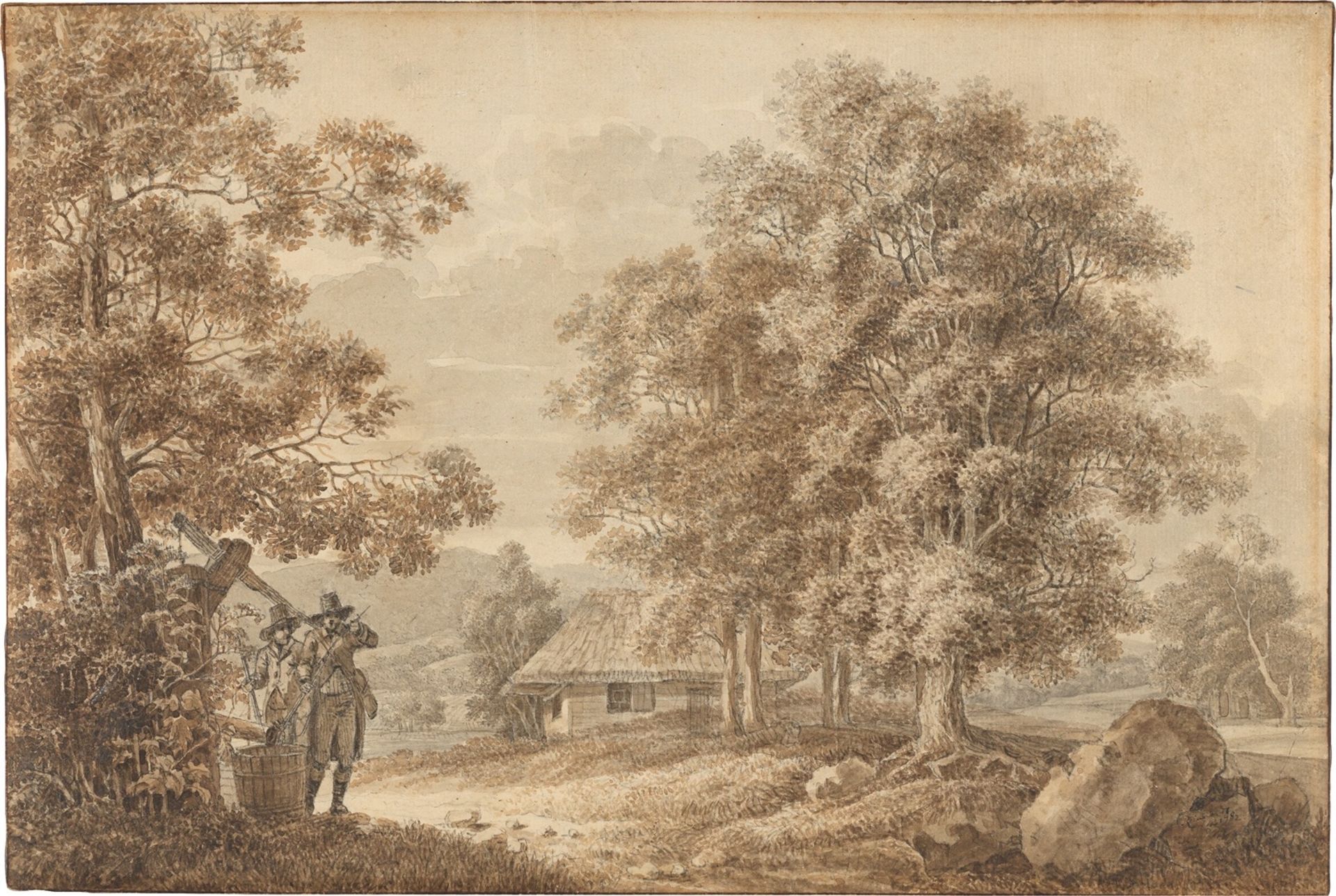 Johann Christian Reinhart. Landscape with two men at a draw well. 1782