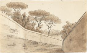 Friedrich Olivier. Römischer Pinienhain hinter einer Wegmauer. Um 1818/22