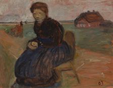 Paula Modersohn-Becker. „Auf einem Stuhl sitzende Bäuerin vor Landschaft mit Haus“. 1903