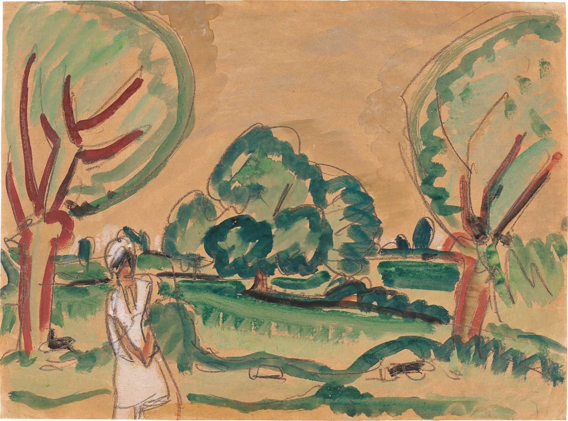 Ernst Ludwig Kirchner. Landscape with Strolling Woman. Circa 1910