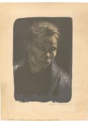 Käthe Kollwitz. „Brustbild einer Arbeiterfrau mit blauem Tuch“. 1903/06