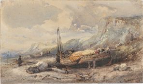 Eduard Hildebrandt. Sloop on the beach.