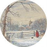 Ernst Ferdinand Oehme. Das Dorf Maxen mit Frau in rotem Mantel (Winterbild). Um 1844