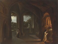 Franz Ludwig Catel. „Dominikanernonnen in einer Klosterkapelle bei Nacht mit Blick in e…. Um 1820/24