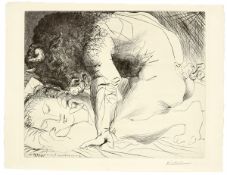 Pablo Picasso. ”Minotaure caressant du mufle la main d’une dormeuse”. 1933