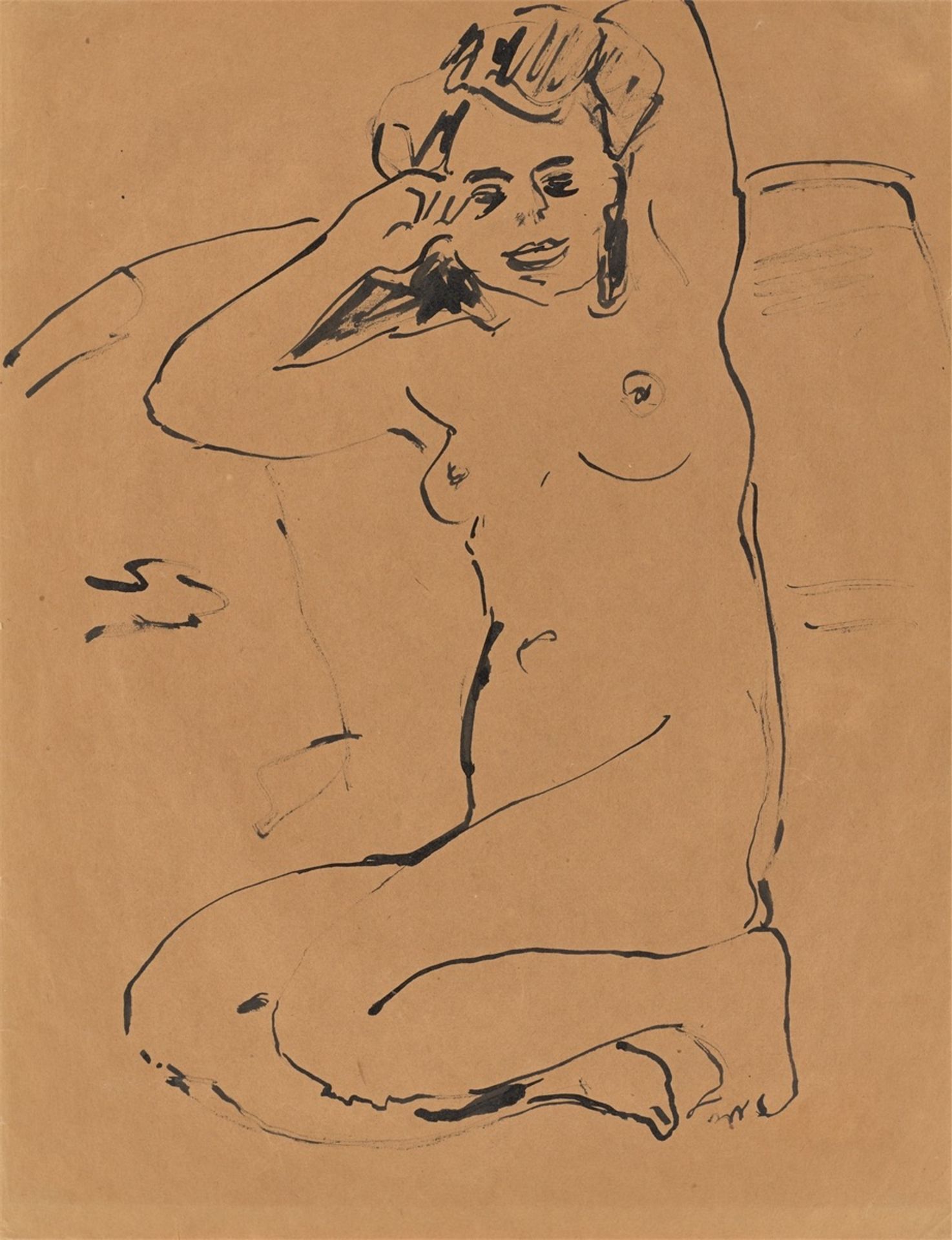 Ernst Ludwig Kirchner. „Kniender weiblicher Akt mit erhobenen Armen“. Um 1909