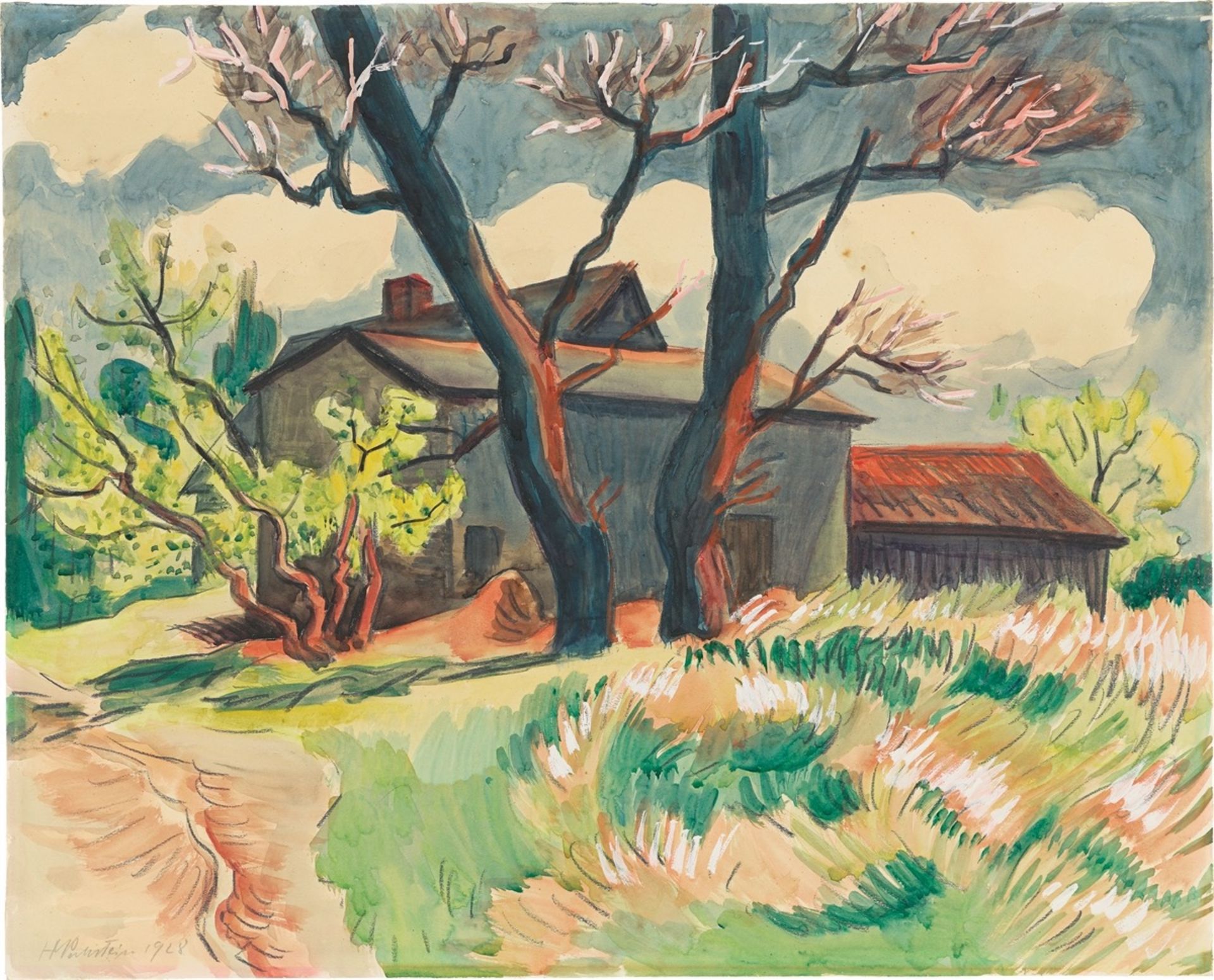Max Pechstein. Landscape with farm and blossoming trees. 1928