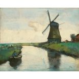 Lesser Ury. ”Holländischer Kanal mit Windmühle und Angler”. Circa 1912/13