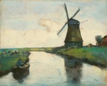 Lesser Ury. „Holländischer Kanal mit Windmühle und Angler“. Um 1912/13