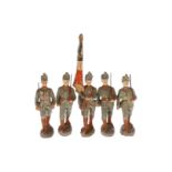 5 Elastolin preußische Jäger, 1. WK, Masse, HL, darunter 1 Offizier und 1 Fahnenträger, LS und