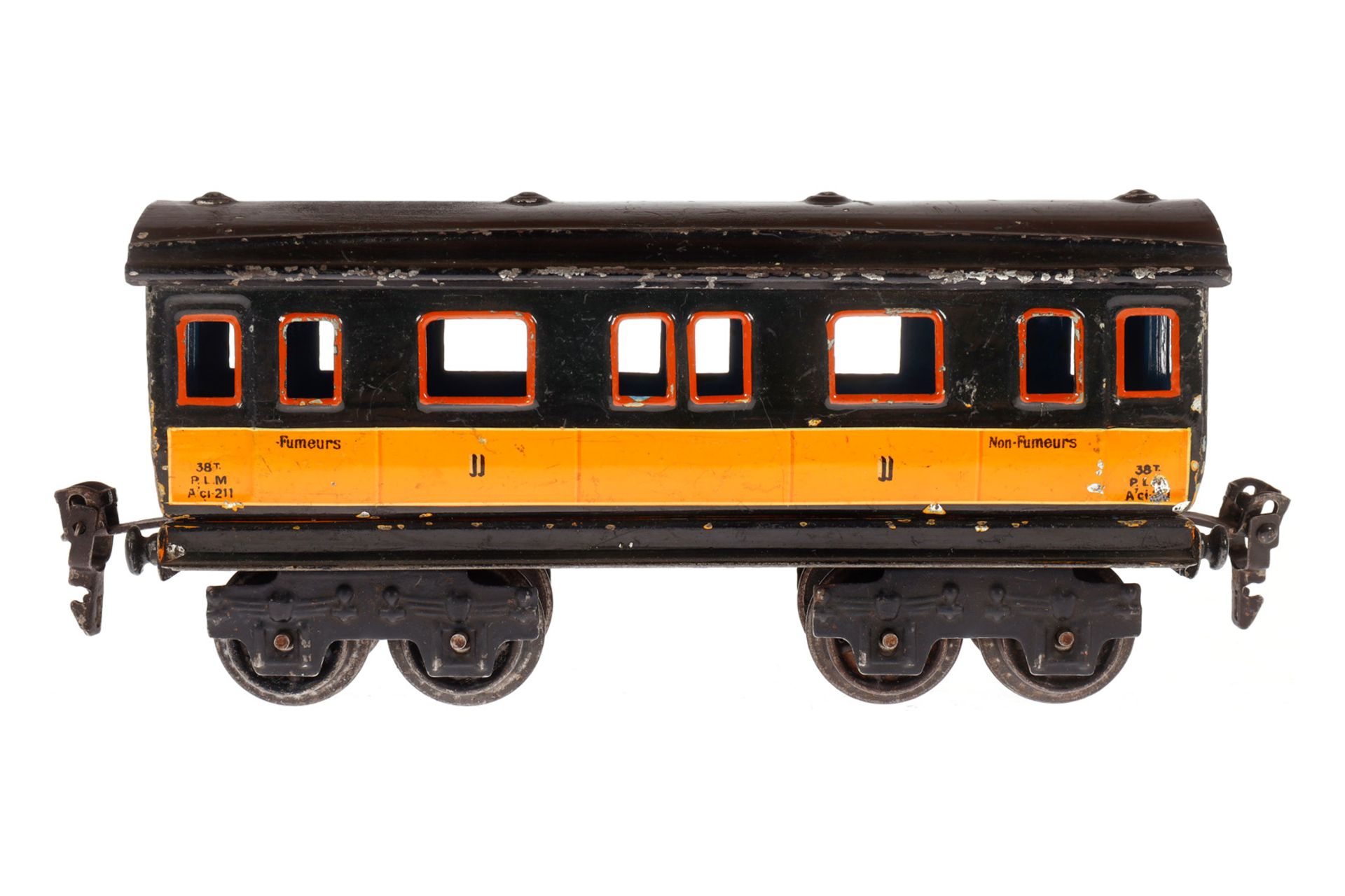 Märklin franz. Personenwagen 2873 PLM, Spur 0, gelb/schwarz, 2. Klasse, LS und gealterter Lack, L