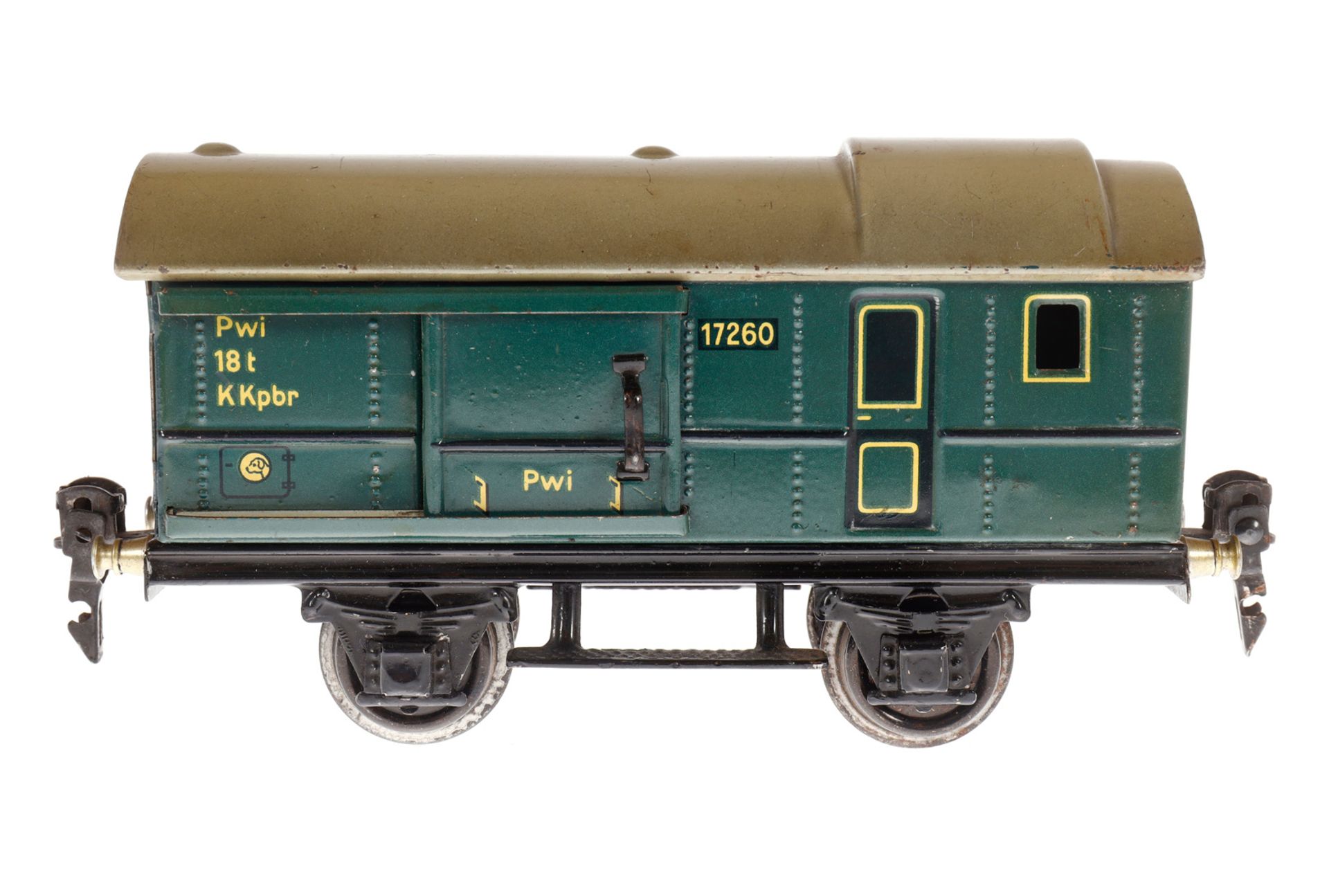 Märklin Gepäckwagen 1726, Spur 0, CL, mit 2 ST, LS tw ausgeb., gealterter Lack, L 16,5, sonst Z 2-3