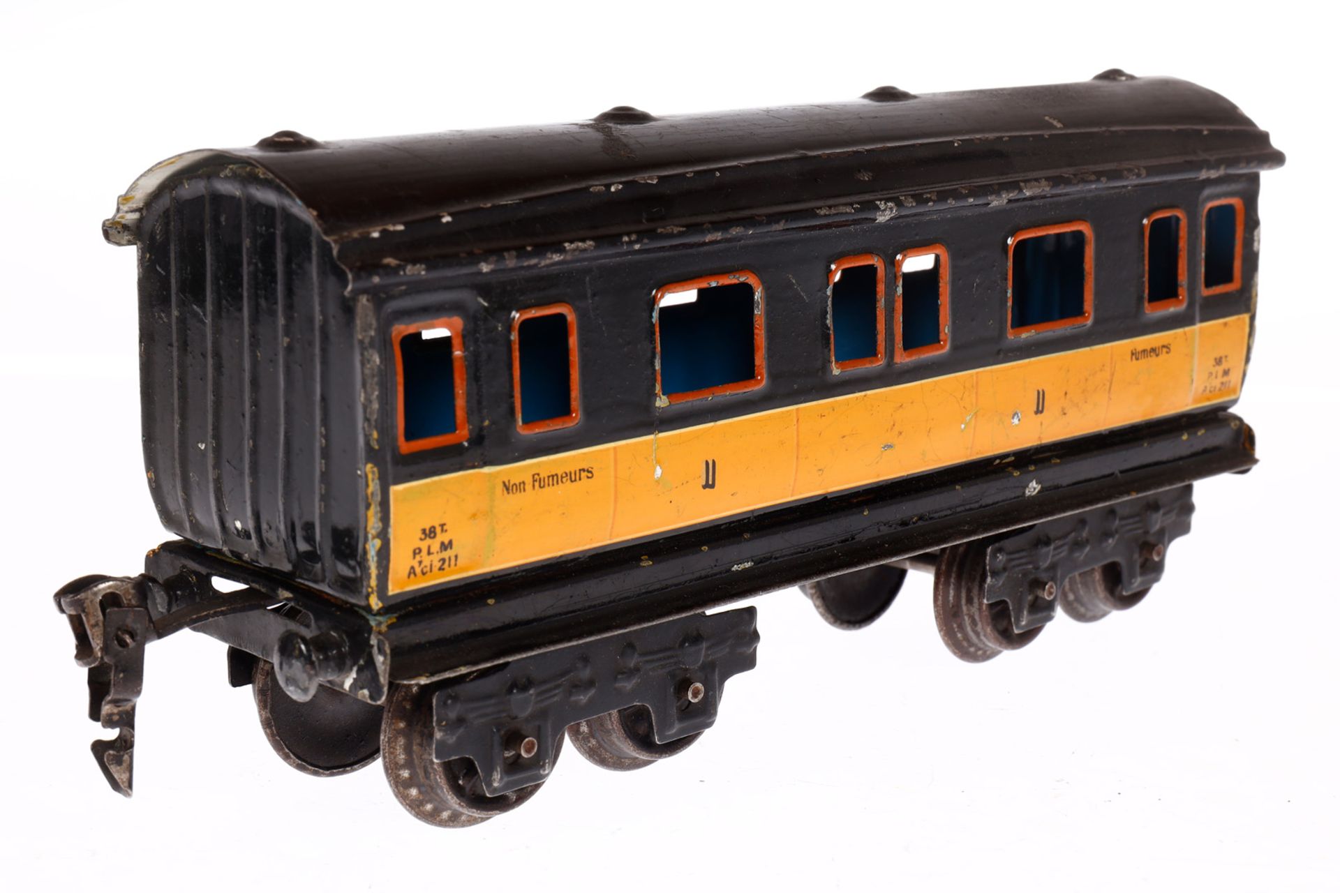 Märklin franz. Personenwagen 2873 PLM, Spur 0, gelb/schwarz, 2. Klasse, LS und gealterter Lack, L - Image 3 of 4