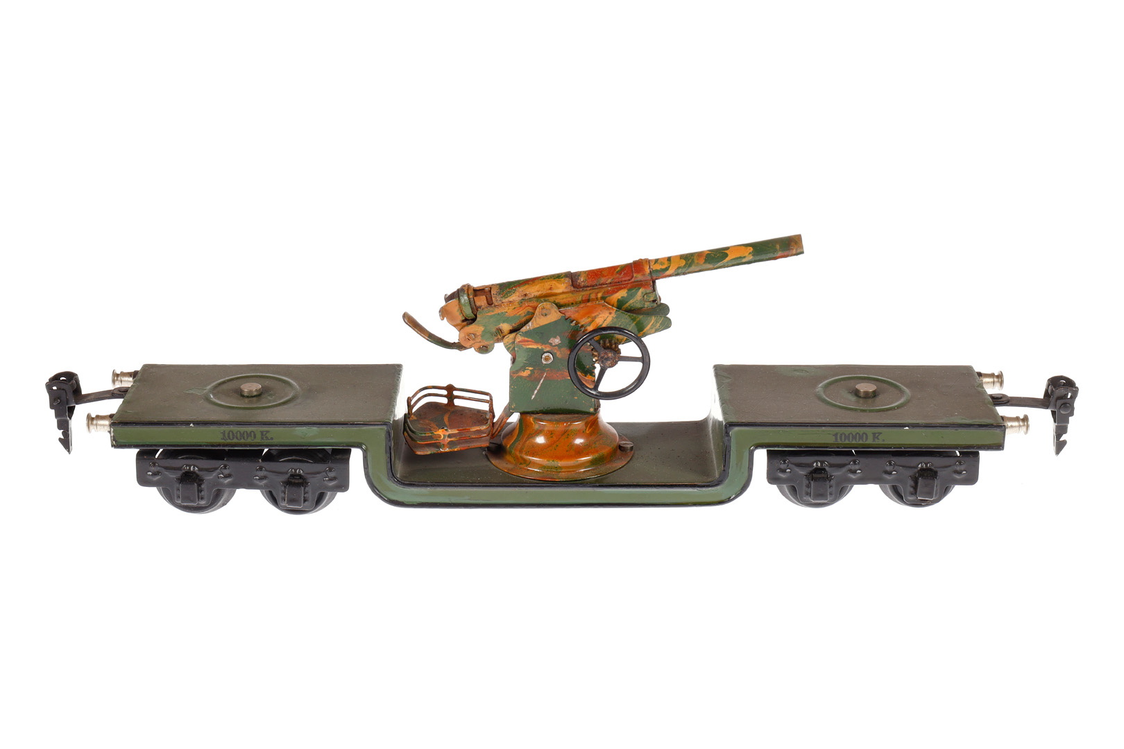 Märklin Tiefladewagen 1955, Spur 0, HL, mit Flak, Schwarzbereiche nachlackiert, LS tw ausgeb.,