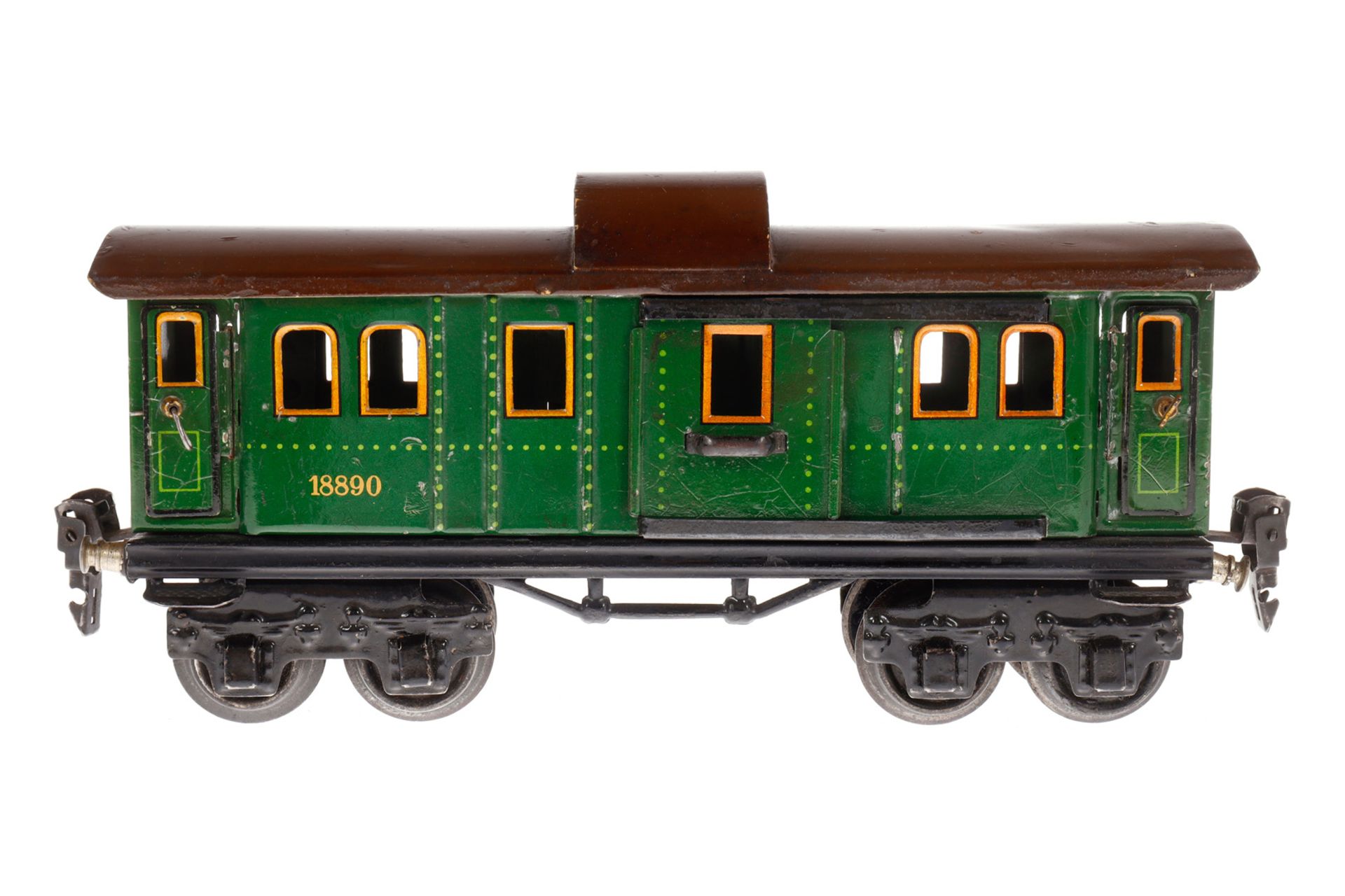 Märklin Gepäckwagen 1889, Spur 0, CL, mit 4 AT und 2 ST, 1 Türgriff fehlt, Rahmenbereich tw