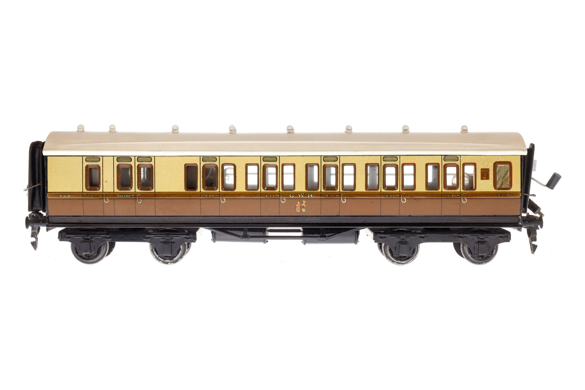 Basset-Lowke Abteilwagen 9310 GWR, Spur 0, creme/braun, mit Innenbeleuchtung und Fixkupplungen, Dach