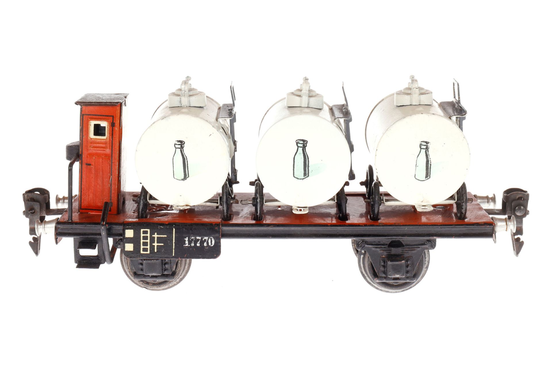 Märklin Milchtransportwagen 1777, Spur 0, HL, mit BRH und 3 Behältern, LS tw ausgeb., gealterter