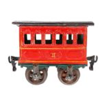 Märklin Personenwagen 1805, Spur 1, uralt, rot, mit Gussrädern und Ösenkupplungen, meist ÜL, L 10,5,