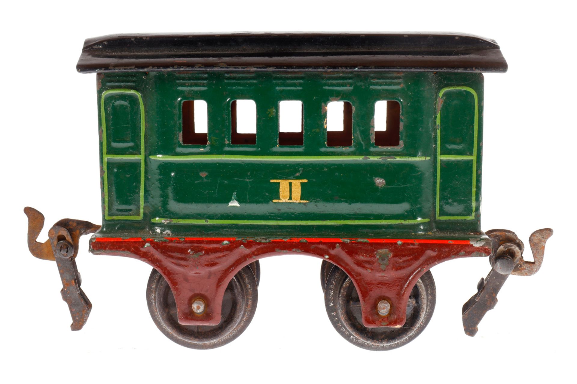 Märklin Personenwagen 1805, Spur 0, uralt, grün, LS und gealterter Lack, L 9,5, sonst noch Z 2-3