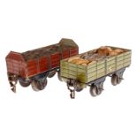 2 Märklin offene Güterwagen 1916 und 1920, Spur 0, HL, LS und gealterter Lack, L 11, Z 3