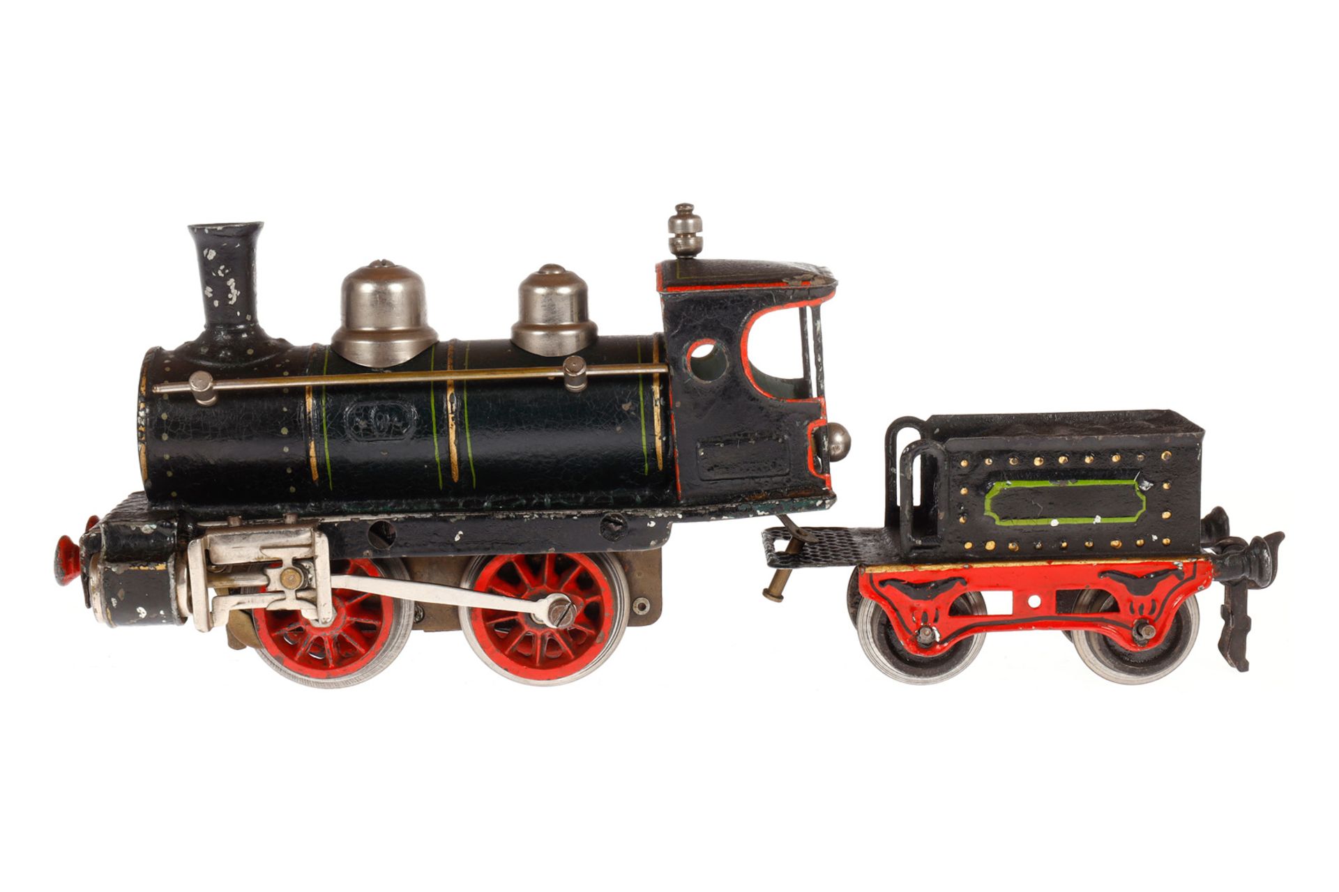 Märklin B-Dampflok R 1020, Spur 0, uralt, Uhrwerk intakt, grün/schwarz, mit Tender, Bremse und v+