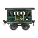 Märklin Postwagen 1802, Spur 1, uralt, grün, mit Inneneinrichtung (NV) und 2 DT, 1 Puffer fehlt,