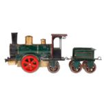 Märklin A-1 Dampflok 1021, Spur 1, uralt, Uhrwerk intakt, grün/schwarz, mit Tender, trapezförmigen