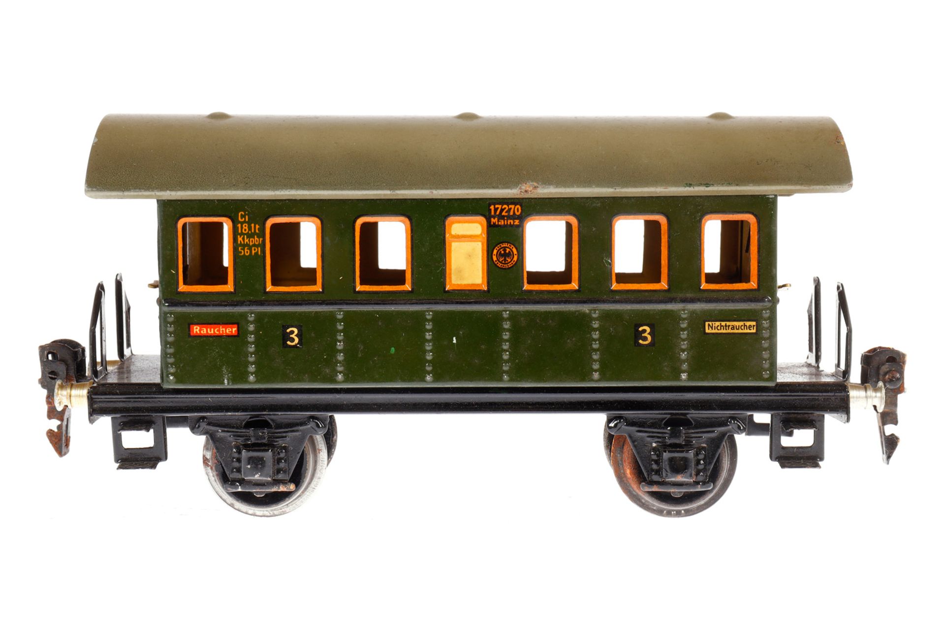 Märklin Personenwagen 1727, Spur 0, CL, mit 2 AT, LS und gealterter Lack, L 18,5, sonst noch Z 2-3