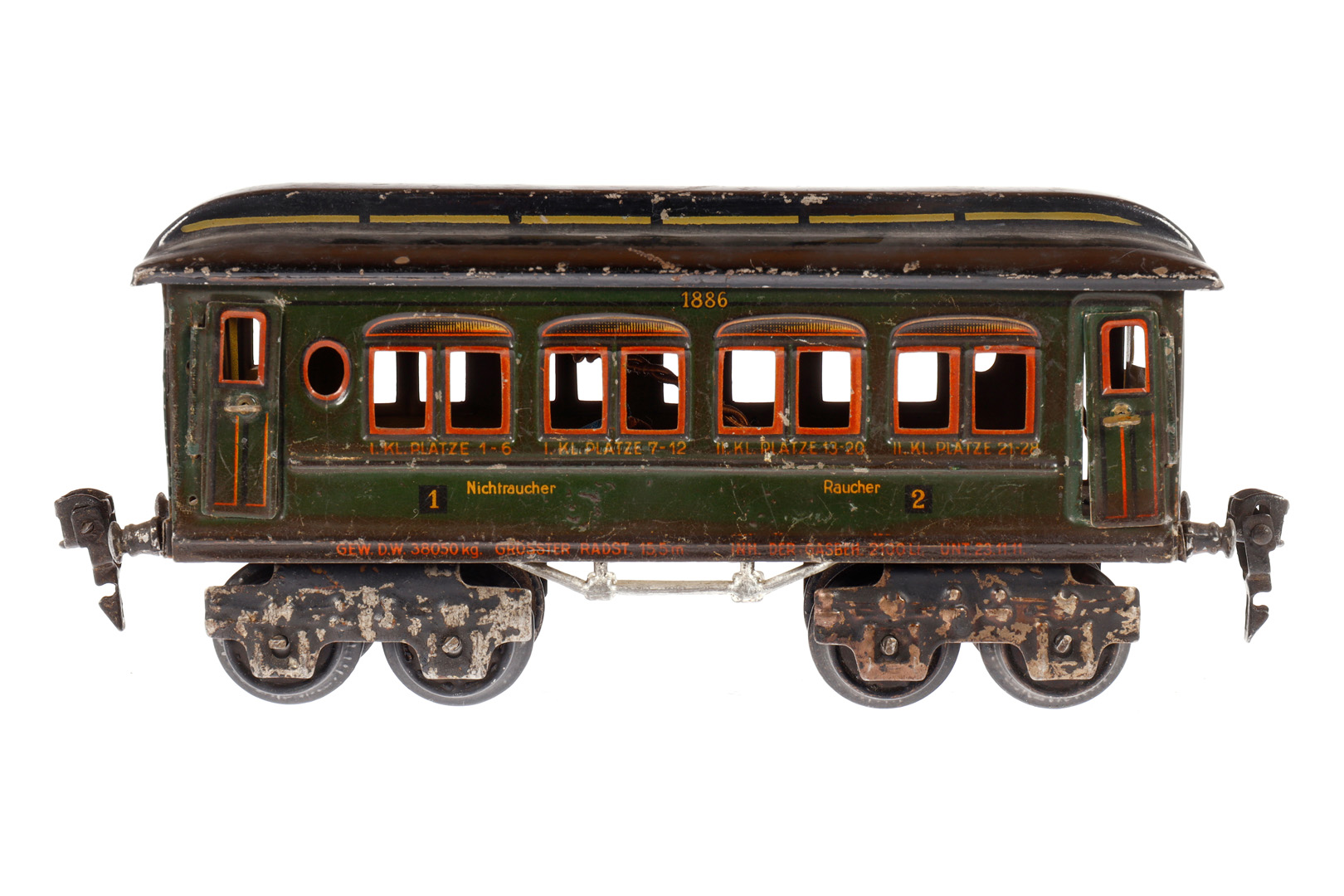 Märklin Personenwagen 1886, Spur 0, CL, mit 4 AT, LS und gealterter Lack, L 20, Z 3