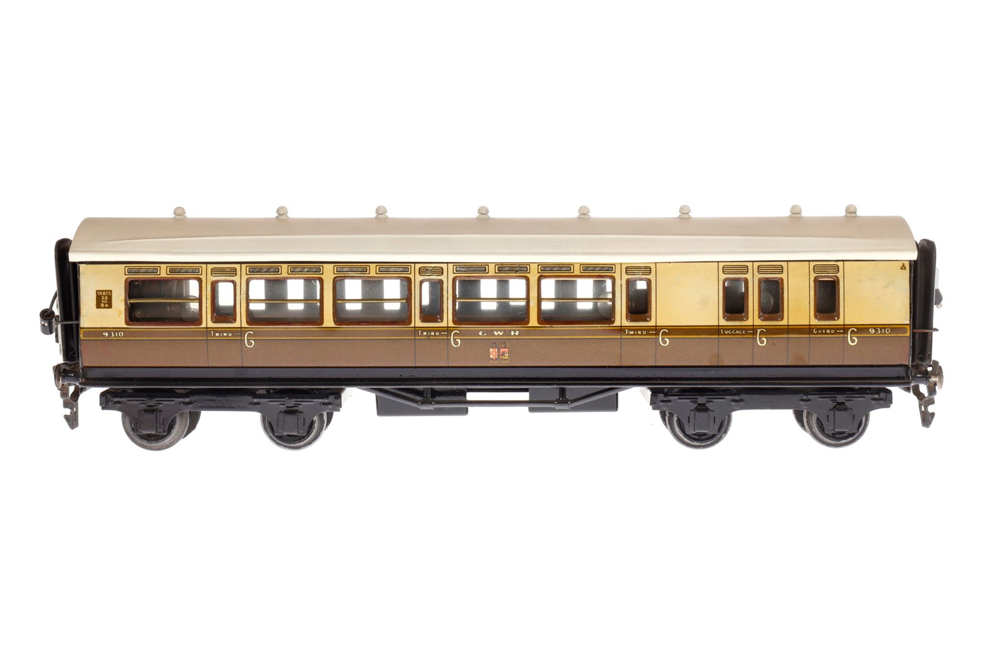 Basset-Lowke Personen/Gepäckwagen 9310 GWR, Spur 0, creme/braun, mit Innenbeleuchtung und