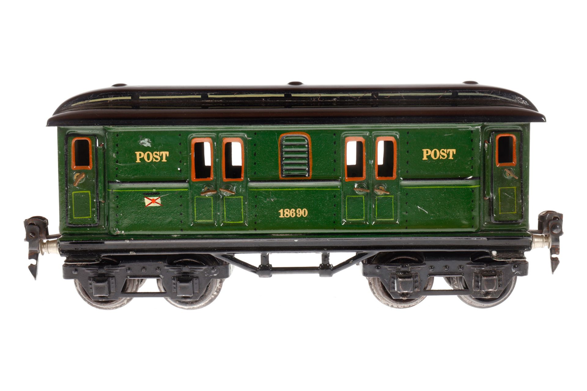 Märklin Postwagen 1869, Spur 0, HL, mit 4 AT, Dach rest., LS und gealterter Lack, L 21,5, sonst Z