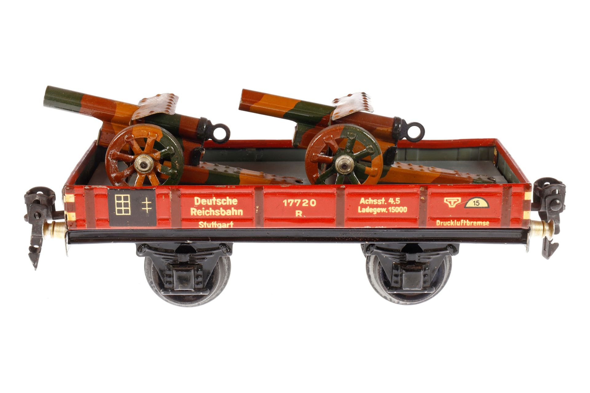 Märklin Niederbordwagen 1764, Spur 0, CL, mit Blecheinsatz und 2 Kanonen, LS und gealterter Lack,