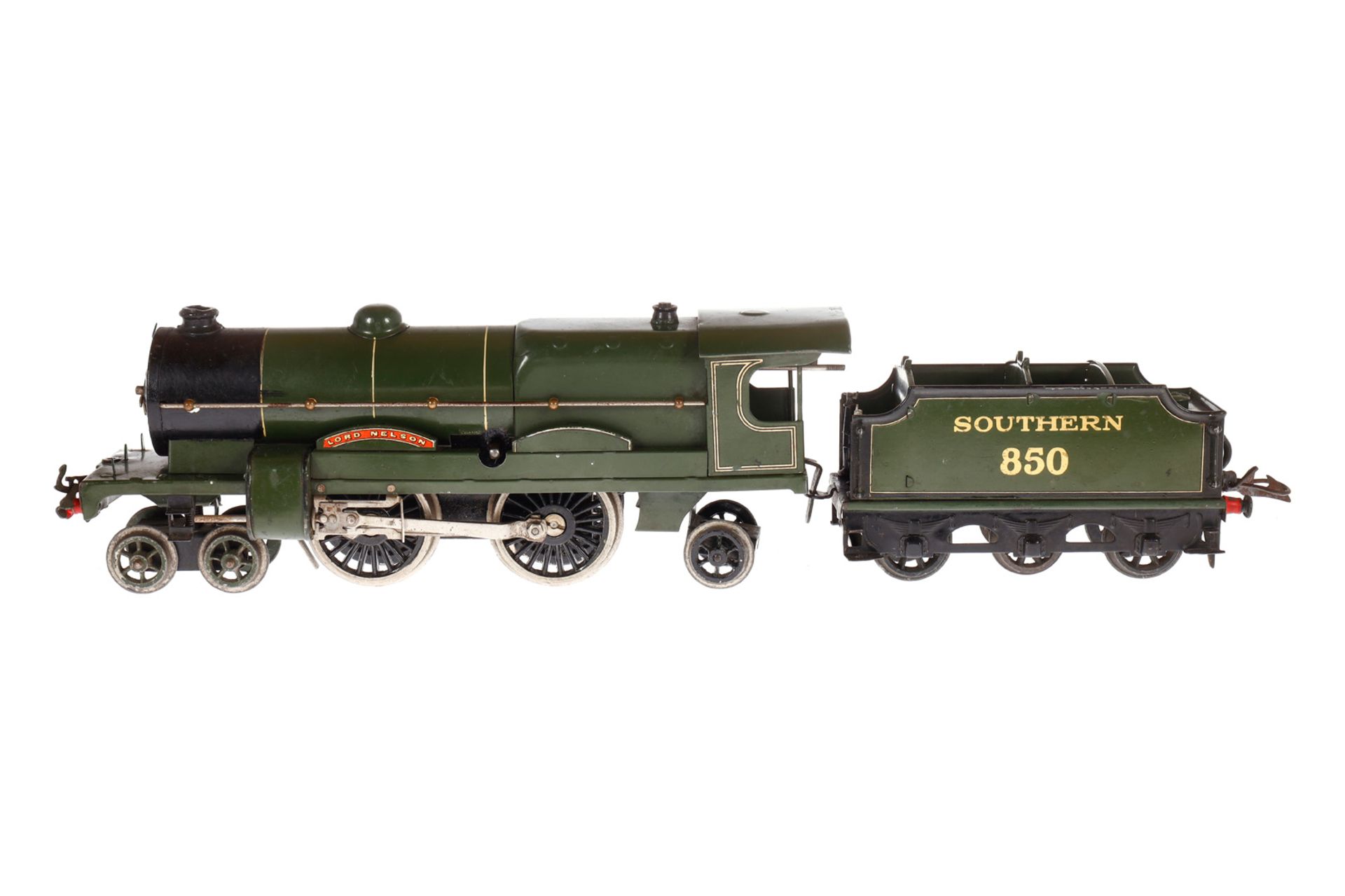 Hornby 2-B-1 Dampflok ”Lord Nelson” 850 SR, Spur 0, Uhrwerk intakt, grün/schwarz, mit Tender,