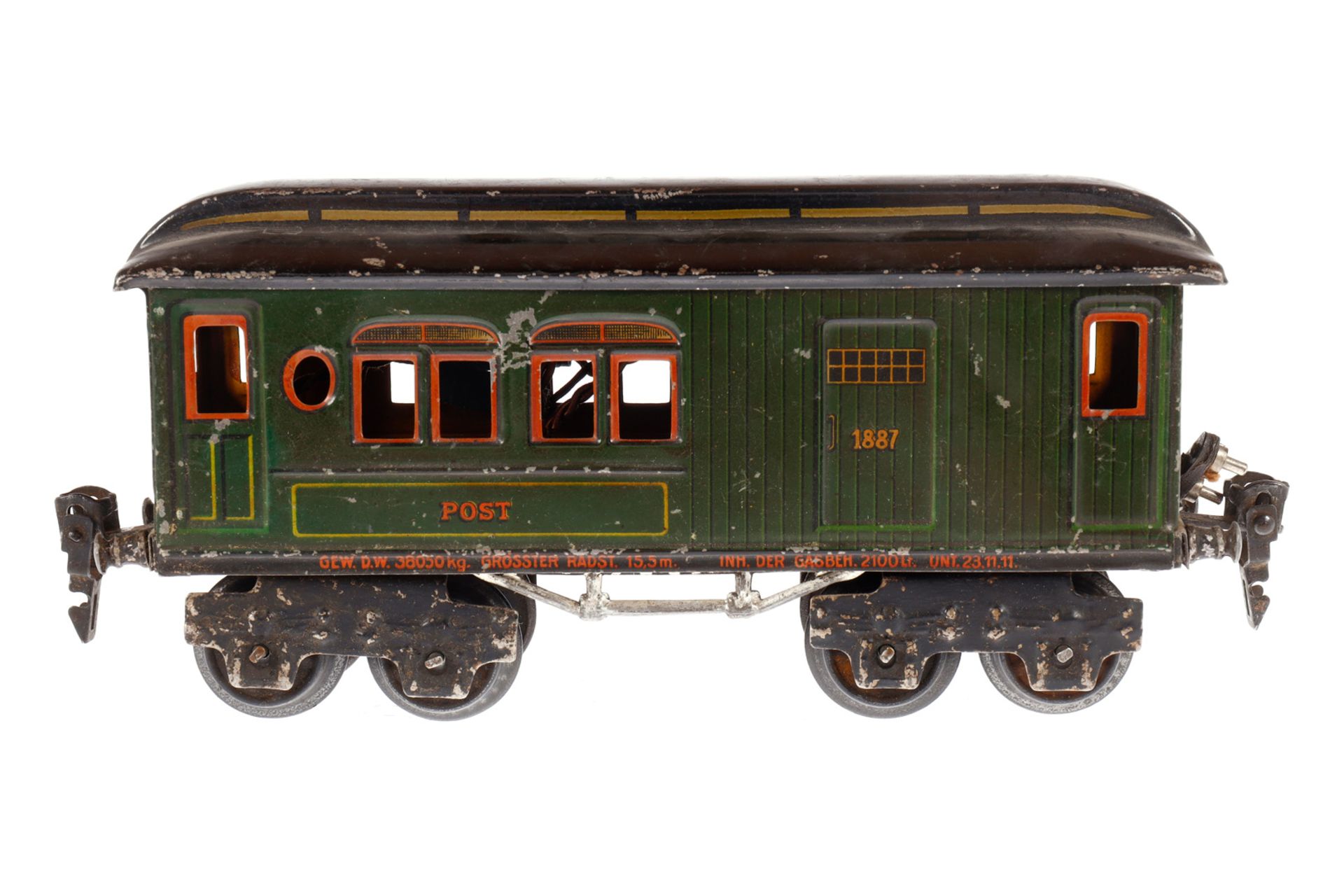 Märklin Personen/Postwagen 1887, Spur 0, CL, LS und gealterter Lack, L 20, Z 3